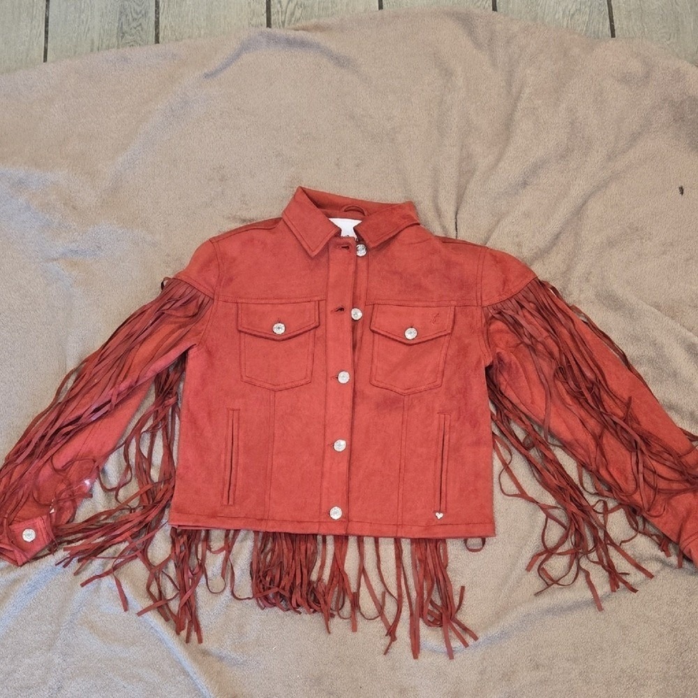 Juicy Couture Rust Suede Fringed‎ Trucker Jacket Women Small Western Boho